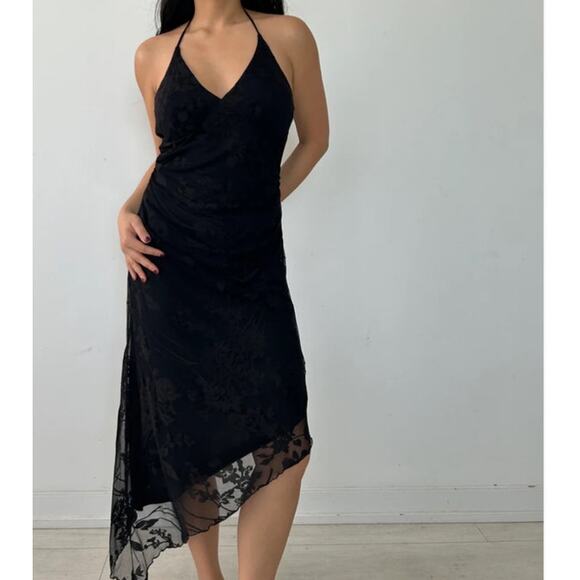 Y2K La Chateau Asymmetrical Hem Black Halter Whimsigoth Lace Dress Size Small - Picture 8 of 10